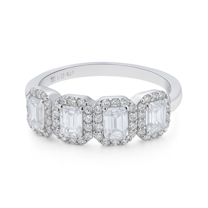 1.12 CT, VS1 IGI Certified Lab Grown Emerald Cut Diamond Halo Ring in 92.5 Silver with Palladium (Silvadium) -Hallmarked | Sustainable Diamond Band By New Age Diamonds