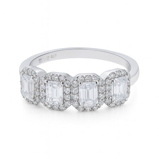 1.12 CT, VS1 IGI Certified Lab Grown Emerald Cut Diamond Halo Ring in 92.5 Silver with Palladium (Silvadium) -Hallmarked | Sustainable Diamond Band By New Age Diamonds