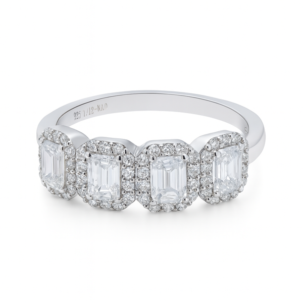 1.12 CT, VS1 IGI Certified Lab Grown Emerald Cut Diamond Halo Ring in 92.5 Silver with Palladium (Silvadium) -Hallmarked | Sustainable Diamond Band By New Age Diamonds