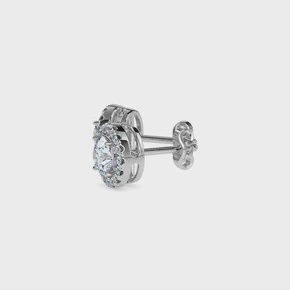 2 CT Round Cut Diamond Halo Stud Earrings (1CT Each) in 14K Gold, IGI Certified