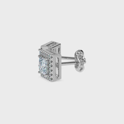 1.5 CT Princess Cut Diamond Halo Sidestone Stud Earrings (0.75 CT Each) in 14K Gold, IGI Certified