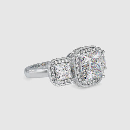 Lab Grown Diamonds with 2 CT Center, 1 CT Side Stones Each & 0.44 CT Accents(4.44 CT) Princess Cut Three Stone Halo Engagement Ring in 14KT Yellow Gold, IGI Certified & Customizable